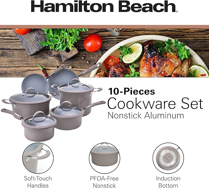Hamilton Beach Cookware Set, 10-Pieces, Pots, Pans, and Glass Lids, Nonstick PFOA-Free, PTFE-Free Ceramic Interior, Heavy-Duty Aluminum Construction, Modern Matte Gray, Professional Tapered Shape