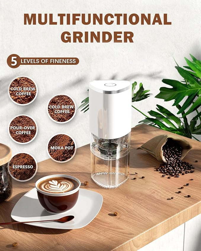Portable Electric Coffee Grinder ，Automatic Coffee Grinder with USB Type-C wireless charging design，Adjustable Coarse to Fine for coffee beans, grains, cleaning brush + cable Includes (white)