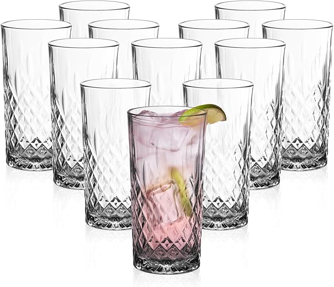 Vikko Drinking Glass, Set of 12 Crystal Style Tall Beverage Glasses, 12.25 Ounce Old Fashioned Highball Glasses, Dishwasher Safe Textured Collins Glass