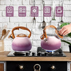 GGC Tea Kettle for Stove Top, 3.1QT/3L Whistling Tea Kettles for Boiling Water Coffee or Milk, Purple Tea Pot with Wood Parttern Handle, Stainless Steel Tea Pot for Home and Kitchen