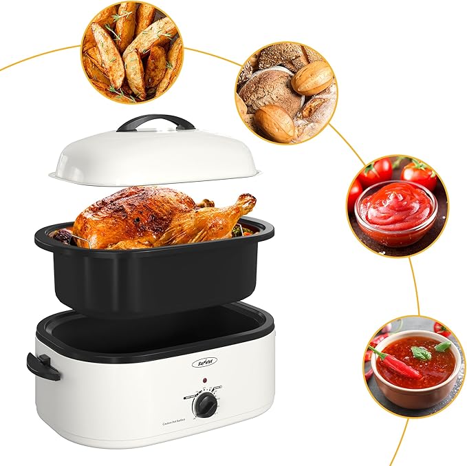 Sunvivi 20-Quart Roaster Oven with Self-Basting Lid, Electric Turkey Roaster Oven with Removable Pan and Rack, Stainless Steel, White