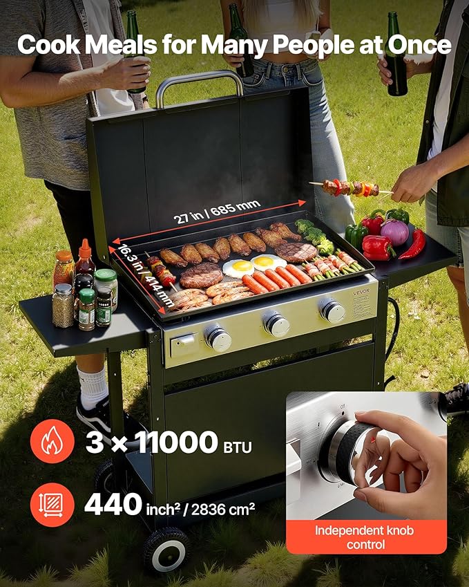 VEVOR Gas Griddle, 3-Burner Flat Top Grill, Propane Griddle with Wheels, Lid, 33000 BTU Outdoor Flat Top Grills for Pan-Frying, Grilling, Stir-Frying, & BBQ, Pulse Ignition, Removable Top Design