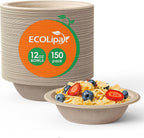 ECOLipak 150 Pack Compostable Disposable Paper Bowls, 12 OZ Bagasse Heavy duty Biodegradable Eco Friendly Sugarcane Soup Bowls for Salad Dessert(Nature)