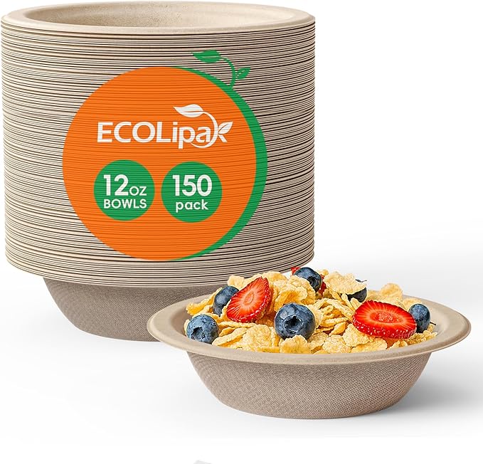 ECOLipak 150 Pack Compostable Disposable Paper Bowls, 12 OZ Bagasse Heavy duty Biodegradable Eco Friendly Sugarcane Soup Bowls for Salad Dessert(Nature)