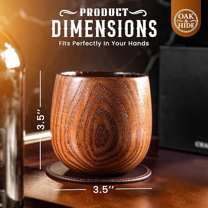 Oak & Hide Charred Oak Whiskey Glasses Wooden Set of 2 with 2 Premium Leather Coasters – Perfect Birthday, Anniversary, Bachelor, or Father’s Day Gift for Men