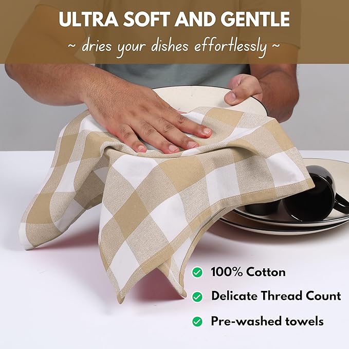 Native Fab 6 Pack Buffalo Check Kitchen Towels16 x26 - Cotton Dish Towels Washable - Absorbent Tea Towels, Soft Hand Towel with Hanging Loop, Dish Cloth Set - Beige White