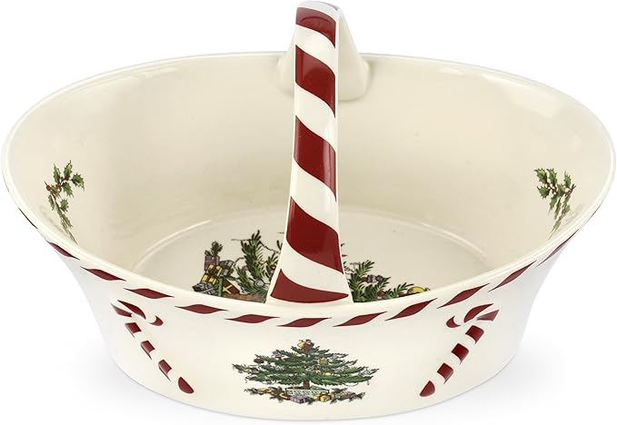 Spode Christmas Tree Candy Basket, 6.5-Inch Candy Bowl with Peppermint Handle for Holiday Snacks, Earthenware Christmas Gift, Festive Holiday Serveware & Holiday Display Bowl, Seasonal Décor