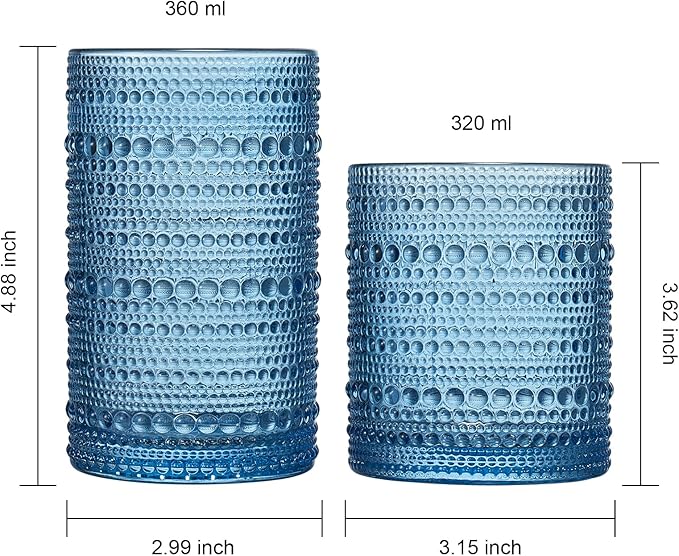 Hobnail Beaded Highball Drinking Tumbler Glasses | Set of 12 | Color, Vintage Bubble Design Whiskey Glassware, Old-Fashioned, Embossed Design for Water, Wine, Cocktail Embossed Heavy Glas, Rocks Glass