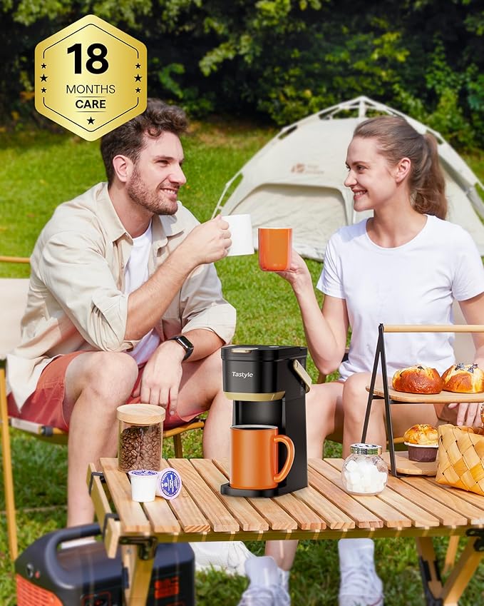 Single Serve One Cup Coffee Maker, for K Cups and Grounds, Mini Coffee Maker with Portable Handle, 6 to 12 Oz Brew Size, for Travel, Camping, Office, RV and Dorm, 120V, Black and Gold