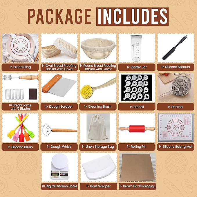 Sourdough Starter Kit with Scale - Sourdough Bread Baking Supplies with Banneton Bread Proofing Basket Set, Bowl Scraper, Silicone Spatula, Baking Mat | Sour Dough Kit & Bread Making Tools by Richni