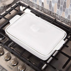 Stoneware Casserole Dish Bakeware Set with Lid, Covered Rectangular Dinnerware, Large 3.2 Quart, 11 by 9 Inch, Bianco [White]