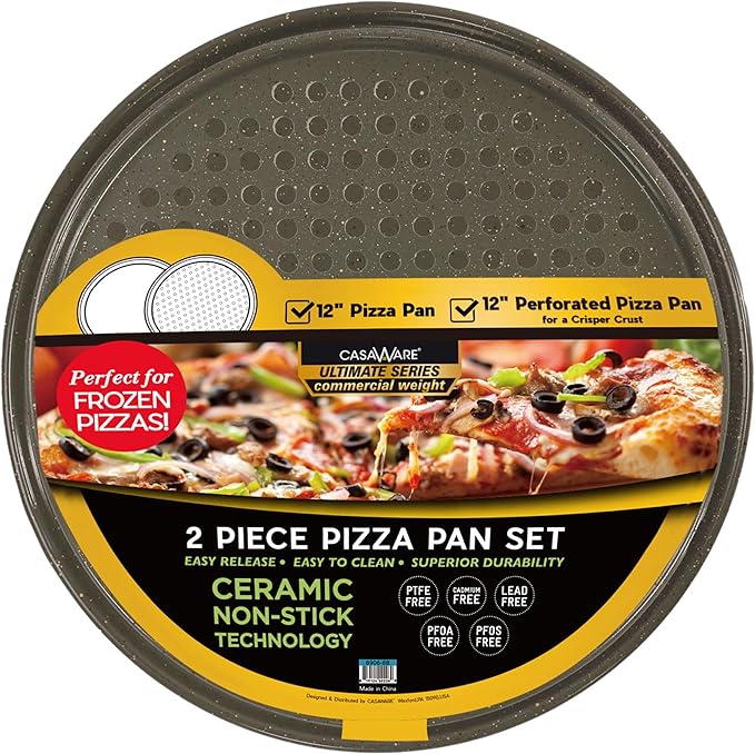 casaWare 2pc 12-inch Ultimate Pizza Pan Set, Nonstick, Ceramic Coated, (1) Solid, (1) Perforated (Silver Granite)