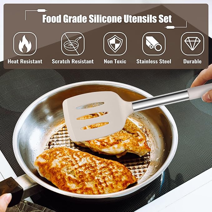 E-far 14 Pieces Silicone Cooking Utensils Set, Kitchen Utensils Set with Holder, Spatula, Ladle, Spoon, Tong, Slotted Turner for Nonstick Cookware, Heat Resistant & Stainless Steel Handle, Khaki