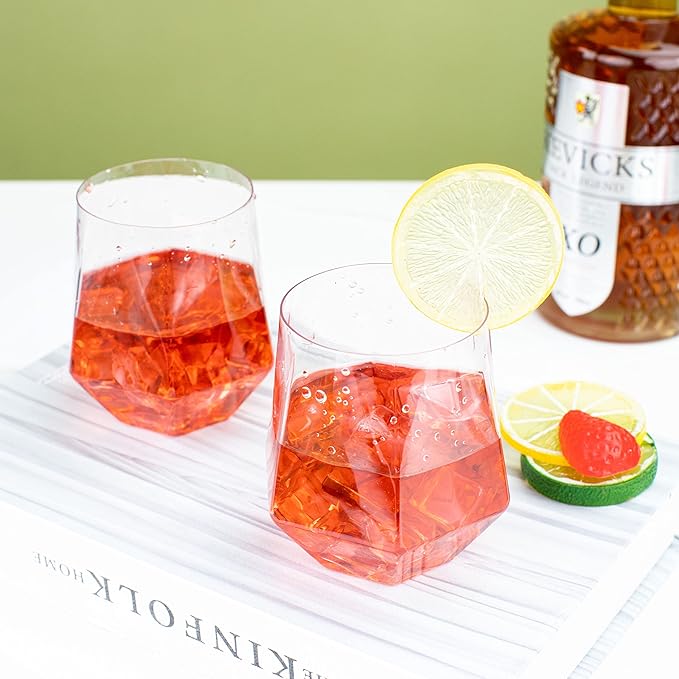 LUODA 32 Pack Clear Plastic Stemless Wine Glasses, 12 Oz Clear Plastic Diamond Glasses, Disposable Whiskey Glasses for Birthday, Housewarming Wine Glasses For White Wine