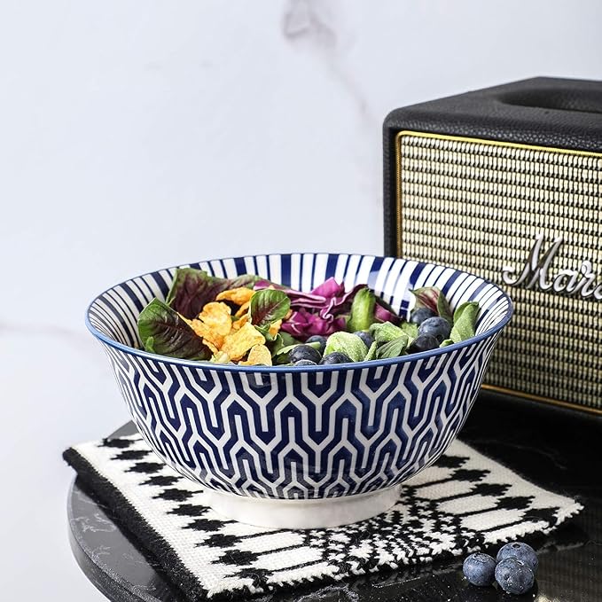 Selamica 7 inches Porcelain Cereal Bowl Set - Set of 6, Soup Bowls, Ceramic bowls for Cereal, Soup, Salad and Pasta, Vintage Blue