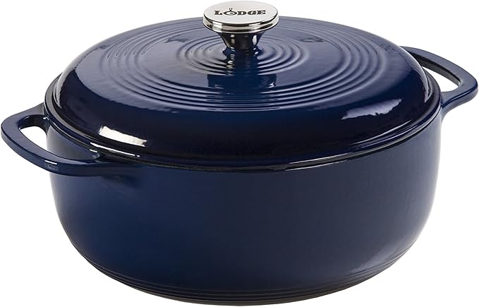 Lodge 6 Quart Enameled Cast Iron Dutch Oven with Lid – Dual Handles – Oven Safe up to 500° F or on Stovetop - Use to Marinate, Cook, Bake, Refrigerate and Serve – Indigo