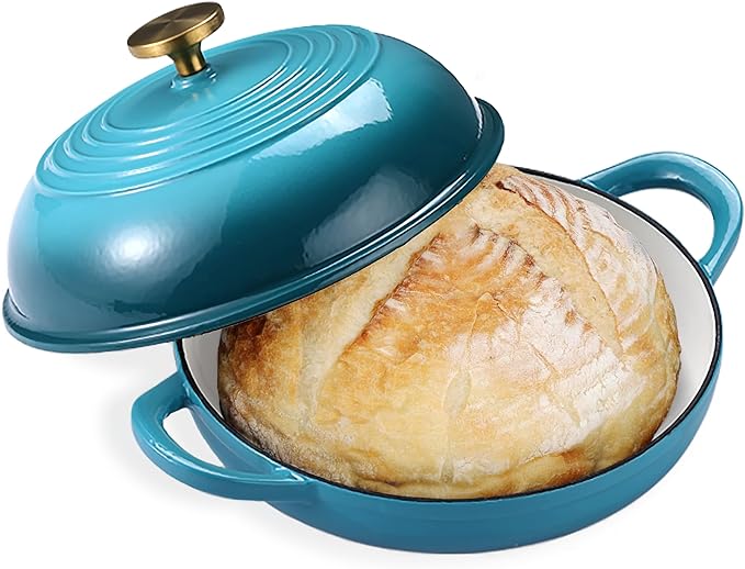 Enameled Round Cast Iron Bread Oven, 6 Qt Cast Iron Dutch Oven for Homemade Sourdough Bread Baking, Bread Dome Pot with Cloche Lid (Blue Green)