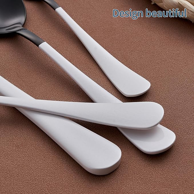20-Piece Black Silverware Set 18/0 Stainless Steel Flatware White Handle Cutlery Set Service for 4 Dinner Knives Forks Spoons Set Mirror Finish Dishwasher Safe