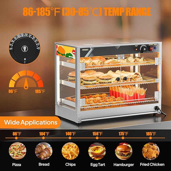 ROVSUN Food Warmer Pizza Warmer Countertop, 3-Tier Commerical Food Warmer Display with LED Lighting Removable Shelves Glass Door, Pretzel Warmer for Buffet Restaurant Cafe, 110V 800W