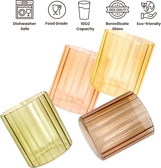 Fall Glassware Set of 4 14oz Ribbed Drinking Glasses for Autumn Table Décor Cozy Gatherings Thanksgiving Centerpiece in Warm Autumn Tones Perfect Hostess Gift