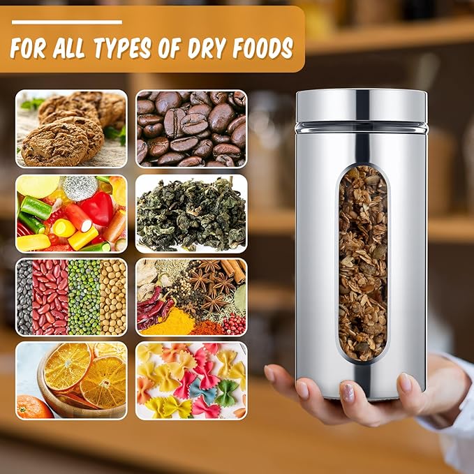 6 Pack Kitchen Canisters Set Airtight Coffee Sugar Tea Candy Storage Jars with Window Glass Stainless Steel Containers with Lids for Flour Cookies Spices Grains Kitchen Decorations(44 oz)
