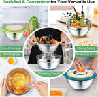 P&P CHEF Mixing Bowls with Lids Set of 3, Stainless Steel Mixing Bowl and Colander for Kitchen, 3 Grater Attachments & Non-Slip Bottoms, Visible & Airtight Lid, Multicolor