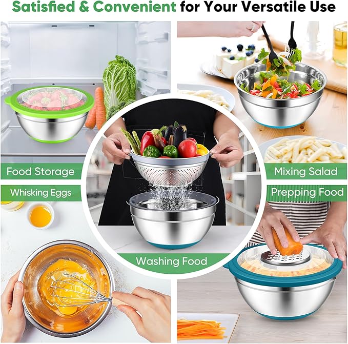 P&P CHEF Mixing Bowls with Lids Set of 3, Stainless Steel Mixing Bowl and Colander for Kitchen, 3 Grater Attachments & Non-Slip Bottoms, Visible & Airtight Lid, Multicolor