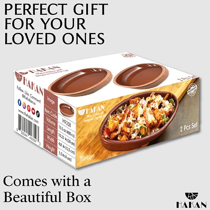 Hakan Bergama Handmade Oval Clay Pan Set of 2 | Terracotta Pans Glazed Inside | Casserole Dishes for Oven Baking | Traditional Earthenware Clay in Box, Large, 4.8 x 10.25 x 1.5-inch 13.5 Oz (400 cc)