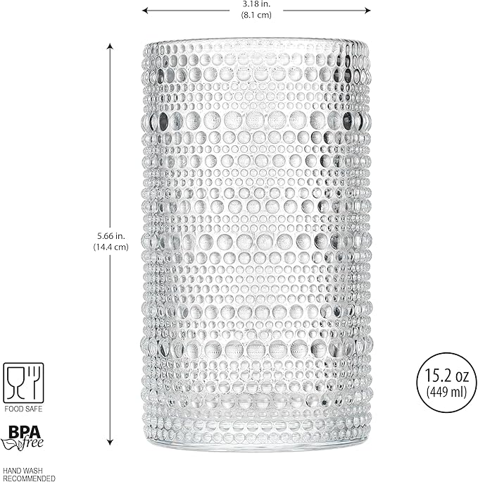 Glaver's Hobnail Drinking Glasses, Set of 4 Clear Vintage Beaded Glass Cups, 15 Oz. Cocktail Drinking Glassware Set, For Water Juice, Smoothies. Home, Dinner, Bar uses.