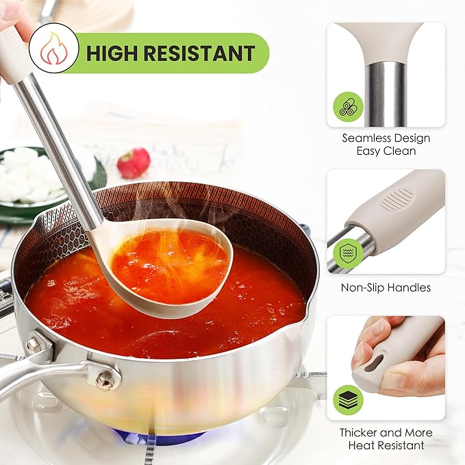 Large Cooking Utensils Set, 35 Pcs Kitchen Utensils Set with Holder, Silicone Spatula Set with Stainless Steel Handle, Whisk, Basting Brush, Kitchen Gadgets for Nonstick Cookware (Khaki)