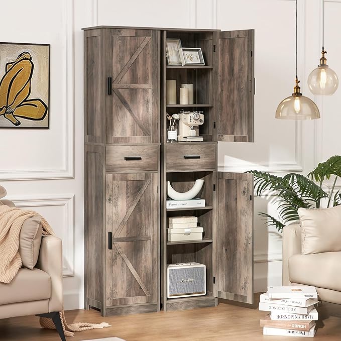 WEENFON Tall Storage Cabinet, Bathroom Cabinet with 6 Shelves & Drawer, Narrow Storage Cabinet with Adjustable Shelves, Tall Cabinet for Living Room, Home Office, Dark Oak