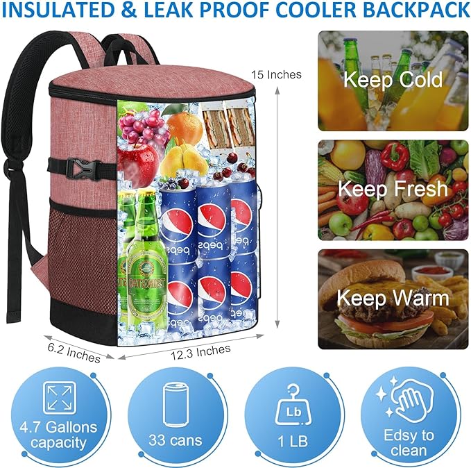 Cooler Backpack 33 Cans Backpack Coolers Insulated Leak Proof Soft Beach Cooler Bag for Men Women Ice Chest Backpack Camping Hiking Picnic Travel Cooler Lunch Backpack