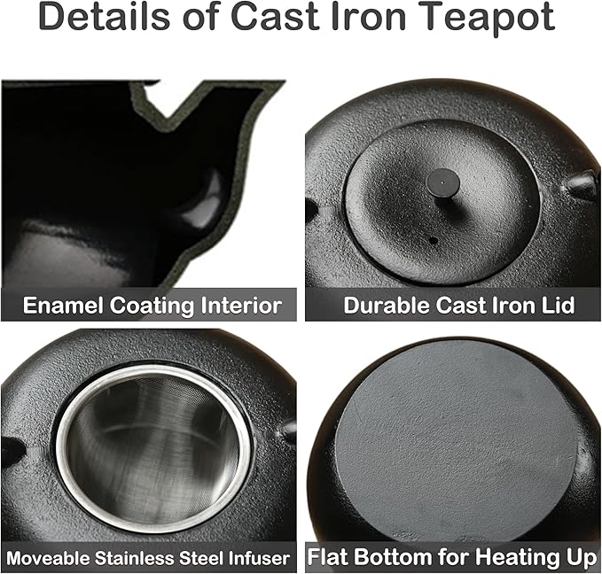 67.6oz Cast Iron Teapot for Stovetop Safe, Black Japanese Tetsubin, 2000ml Tea Kettle with Stainless Steel Infuser for Loose Leaf, Tea Pot Coated with Enameled Interior