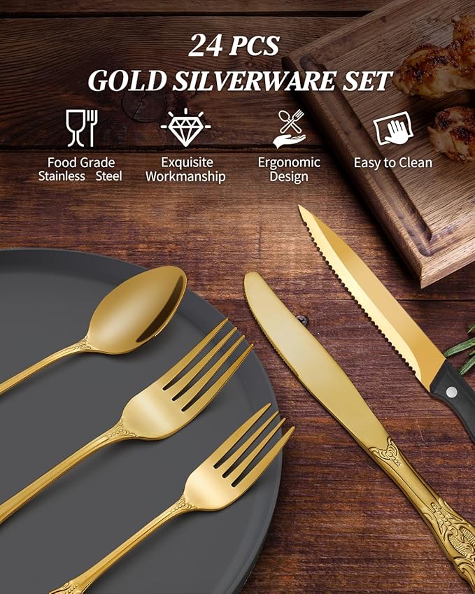 24 Pieces Gold Silverware Set for 4, Retro Royal Flatware Set with Steak Knives, Gorgeous Stainless Steel Cutlery Utensil Set Include Forks Spoons and Knives, Mirror Finish,Dishwasher Safe