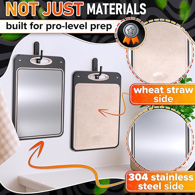 Stainless Steel Cutting Board 16x11 – 304 Stainless Steel Cutting Boards for Kitchen | Easy Grip Handle, Easy to Clean – Double Sided with PP Wheat Straw for Raw Meat, Chopping Fruits & Vegetables