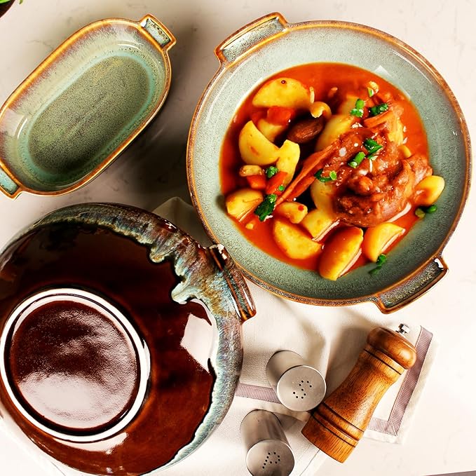 Round Casserole Dish Set of 2, 30 oz Ceramic Au gratin Baking Dish, Baking Pan with Handles or for mixing, salad, pasta bowl, Best gift for those who love baking, Microwave, Oven safe