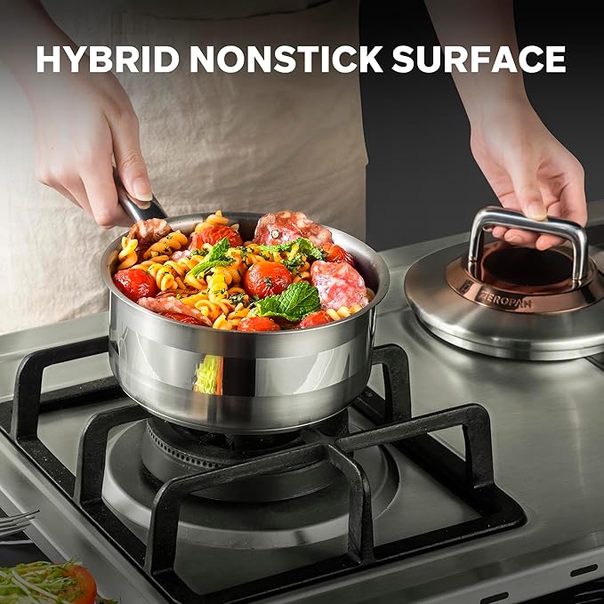 1 Quart Stainless Steel Saucepan with Lid, 6 Inch Hybrid Nonstick Sauce Pan,Small Cooking Pots,PFAS PFOA PTFE Free,Stay-Cool Handle, Dishwasher-Friendly, Oven-Safe,Compatible with All Cooktops