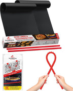 Oven Liners for Bottom of Oven Black (2-pack) Bundled with Rack Shield (2-pack) - Large Mat for Bottom of Stove (17"x 25") and 22" Red Range Guards for Racks - Reusable & Heat Resistant