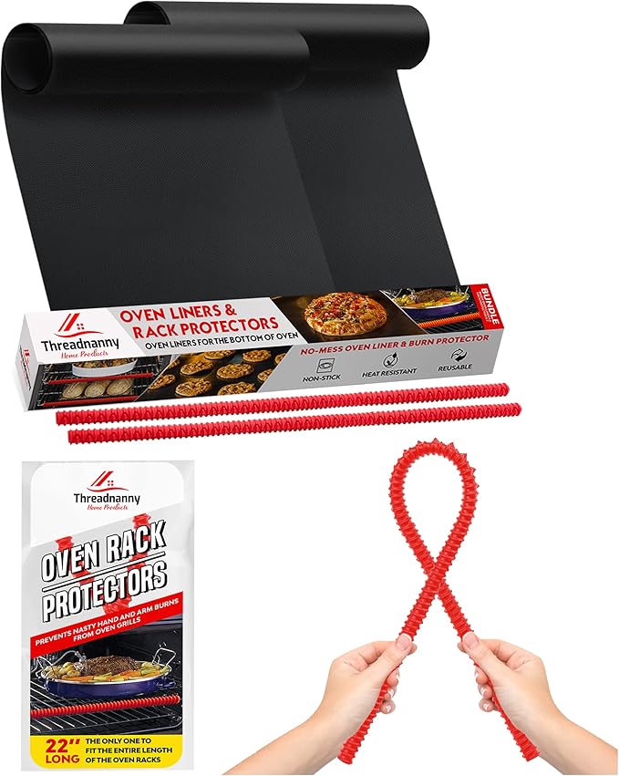 Oven Liners for Bottom of Oven Black (2-pack) Bundled with Rack Shield (2-pack) - Large Mat for Bottom of Stove (17"x 25") and 22" Red Range Guards for Racks - Reusable & Heat Resistant