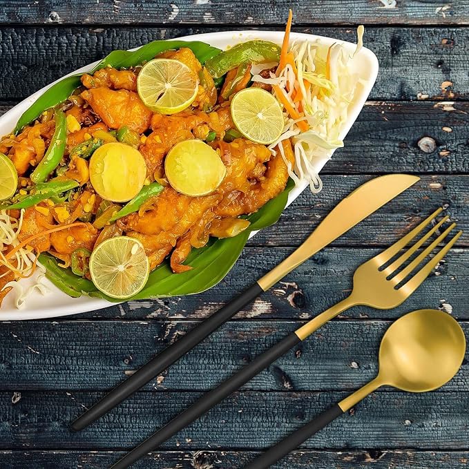 Black and Gold Silverware Set for 8, 40-Piece Matte Handle Flatware, Stainless Steel Cutlery Tableware, Kitchen Utensils Include Spoons and Forks, Dishwasher Safe