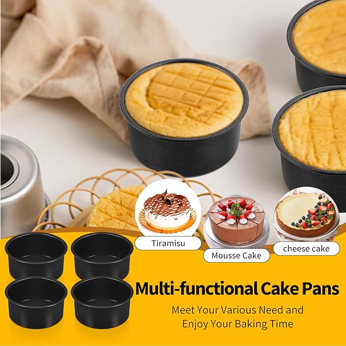 P&P CHEF Non-stick Cake Pan Set of 4, 4 Inch Round Baking Cake Pans Tins for Tier Smash Cakes, Non-Toxic & Solid, Stainless Steel Core & Leak-Proof, 4Pcs