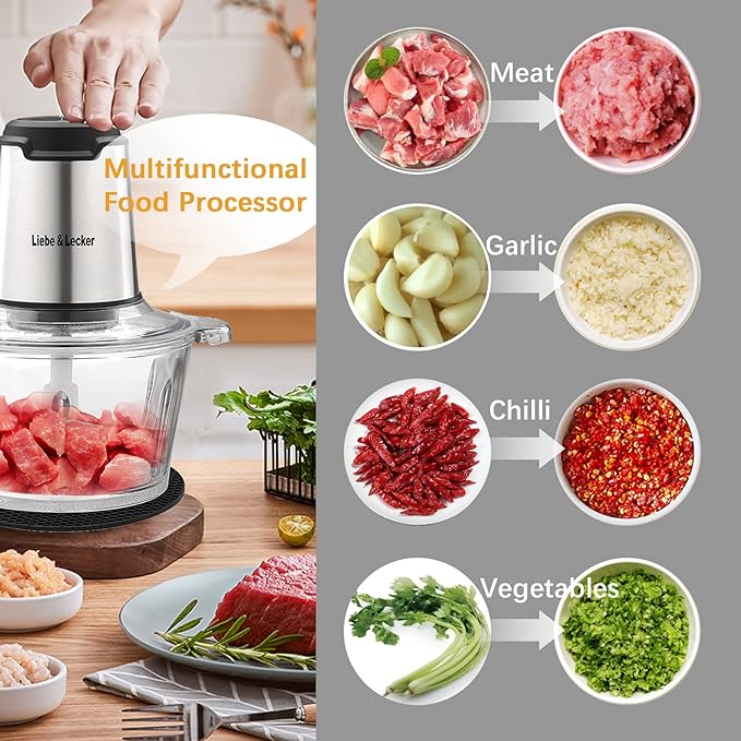 Liebe&Lecker Food Processor, Meat Grinder with 2 Bowls 8 Cup and 8 Cup, Food Chopper Electric Vegetable Chopper with 4 Large Sharp Blades for Fruits, Meat, Vegetables, Baby Food, Nuts, 2 Speed.