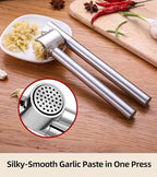 Heavy Duty Garlic Press Stainless Steel 3-Piece Set - Metal Garlic Smasher Press w/Peeler Tool & Clean Brush, Effortless Mincer for Ginger/Garlic (Extended Handle)