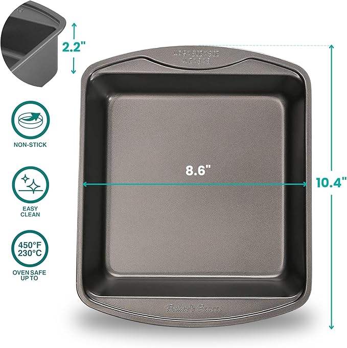 Baker's Secret 2pcs Nonstick Square Cake Pan 8", Premium Food-Grade Coating, Non-stick Square Pan, Carbon Steel- The Classic Collection