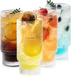 16oz Drinking Glasses Set of 4, 2 Hobnail Glasses & 2 Embossed Water Goblets, Flower Design Stackable Vintage Tumbler Glasses, Old Fashion Beaded Glass Cups for Cocktail, Iced Coffee, Beer