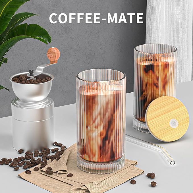15 Oz Glass Cups with Lid and Straw, Iced Coffee Cups with Lid, Vintage Glassware for Whiskey Cocktail Beer (4 PACK)