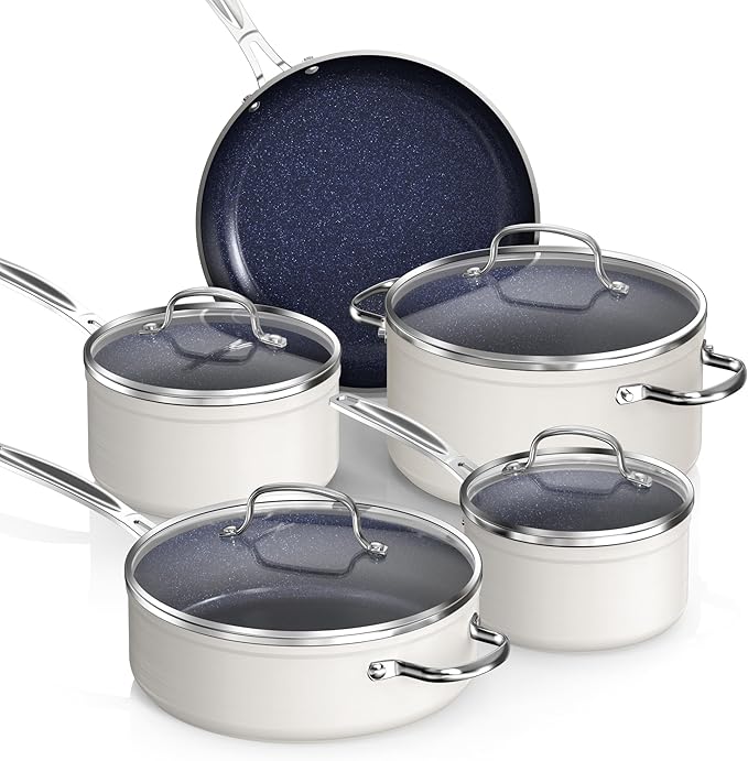 Nuwave Healthy Duralon Blue Ceramic Nonstick Coated 9pc Cookware Set, Scratch-Resistant Diamond Infused, PFAS Free, Induction Ready & Evenly Heats, Oven Safe, Tempered Glass Lids