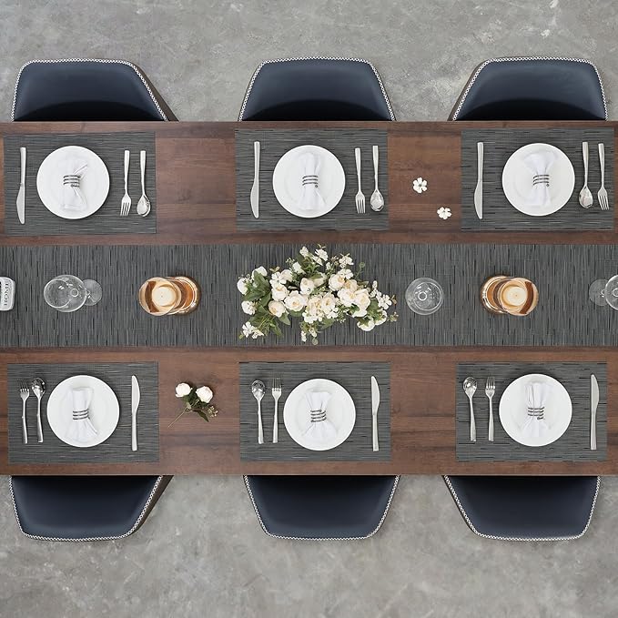 Myir JUN Placemats Set of 8, Vinyl Woven Placemats Place Mats Indoor Set of 8 Washable Table Mats Non-Slip Place mats for Dining Table (Black-Gray, Set of 8)