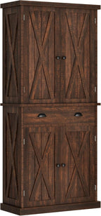 YITAHOME 72'' Tall Kitchen Pantry Cabinets, Farmhouse Storage Cabinets with Barn Doors, Drawer ＆ Adjustable Shelves, Rustic Wood Cupboard for Dining Room, Living Room, Dark Rustic