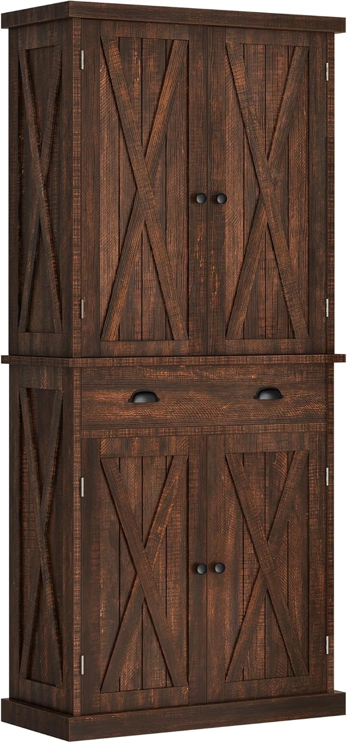YITAHOME 72'' Tall Kitchen Pantry Cabinets, Farmhouse Storage Cabinets with Barn Doors, Drawer ＆ Adjustable Shelves, Rustic Wood Cupboard for Dining Room, Living Room, Dark Rustic